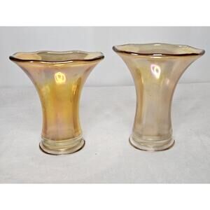 Vintage Art Glass Vase Set Iridescent Wide Flared Rim 5" Tall Scalloped Rim
